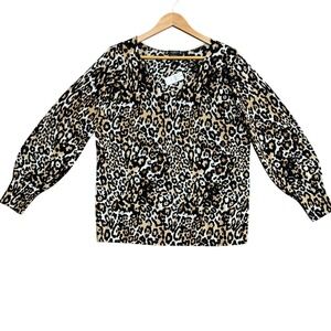 TALBOTS Merino Wool Leopard Print V Neck Sweater Womens 1XP Petite Soft Warm‎